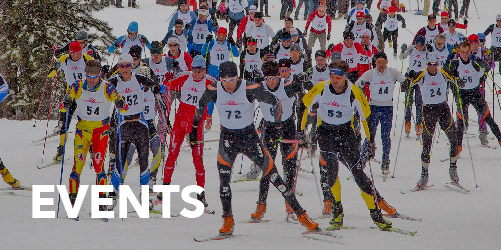 Background image showing a group of cross country ski racers, and reads: 