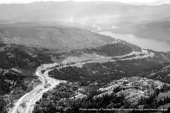 Photo of 1960 Donner Ridge Fire scarring from Donner Summit, courtesy of Truckee-Donner Historical Society and Sierra College