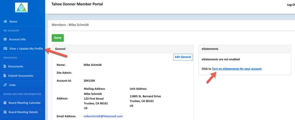 Screenshot of how to enroll in eStatements in member portal