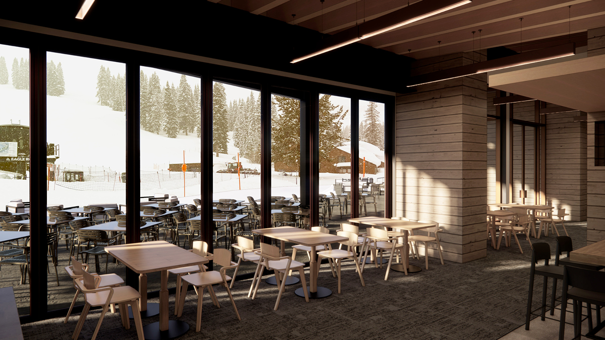 Downhill Ski Lodge BSA Rendering - Interior View - View Out from Bar Area