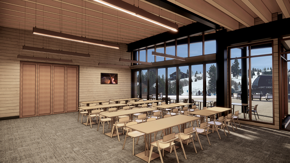 Downhill Ski Lodge BSA Rendering - Interior View - View Out from Kids' Dining/Flex Space