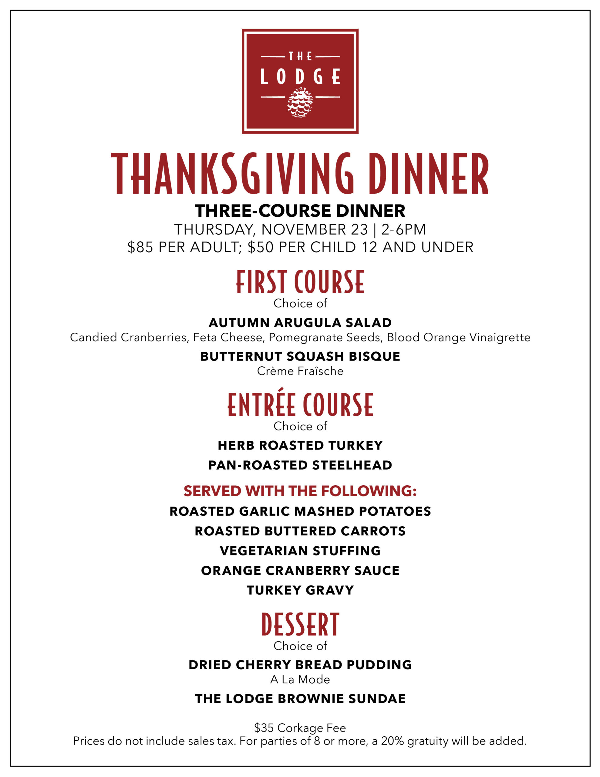 The Lodge Thanksgiving 2023 dinner menu