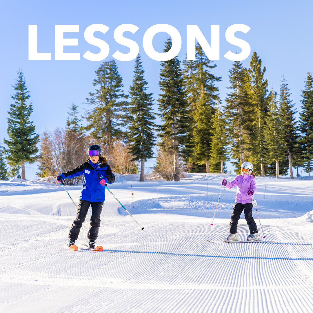 A family with two boys walking up to the mountain after getting there rentals with text overlay saying Rentals