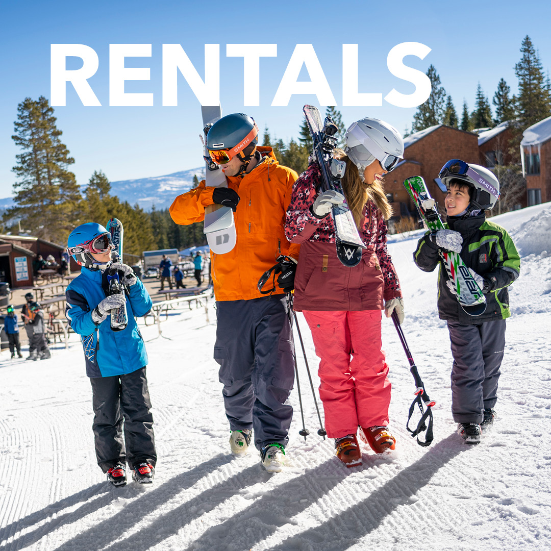 A ski instructor giving a young girl a ski lesson with text overlay saying Lessons