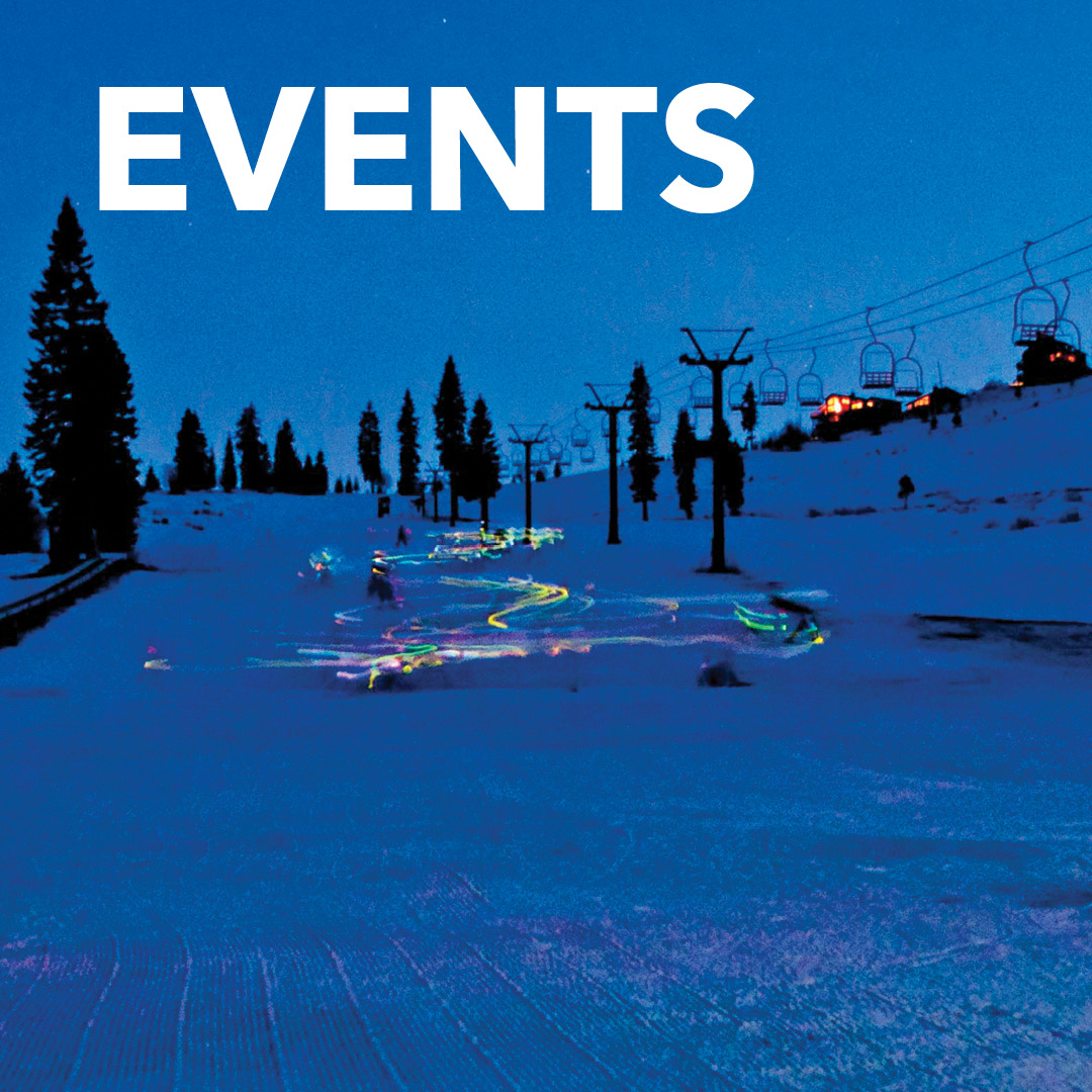 The downhill ski mountain in the dark with glowsticks everywhere with text overlay saying Events