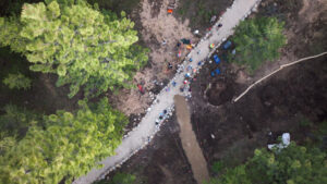 Aerial image of trail work at Tahoe Donner