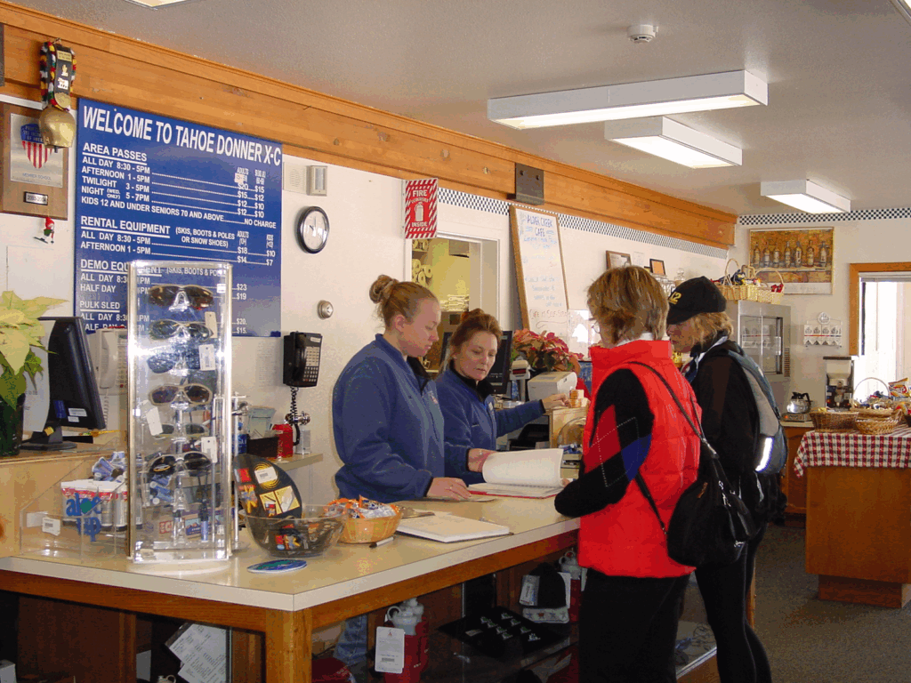 The front desk of the upgraded Cross Country Ski Center, with the kitchen in the background, from the early 2000s. Photos from the Tahoe Donner archive.